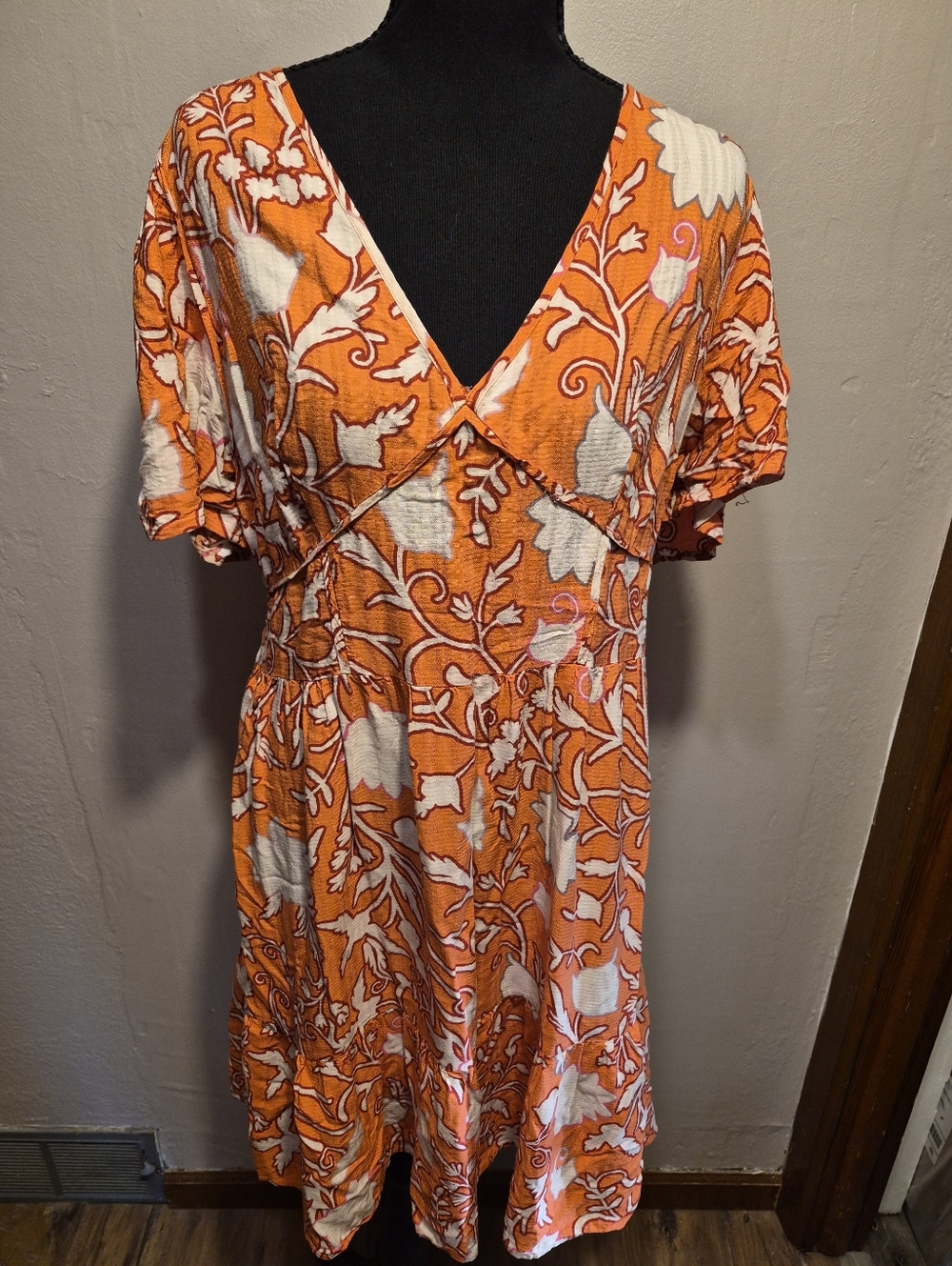 Knox Rose A-Line Dress Womens Large Flutter-Sleeves Orange & White Floral Rayon - Picture 2 of 8